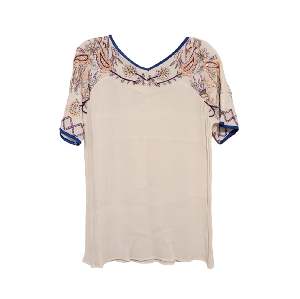Mo Huan Yi Chu White Embroidered Tunic V-neck Top Shirt, Size L